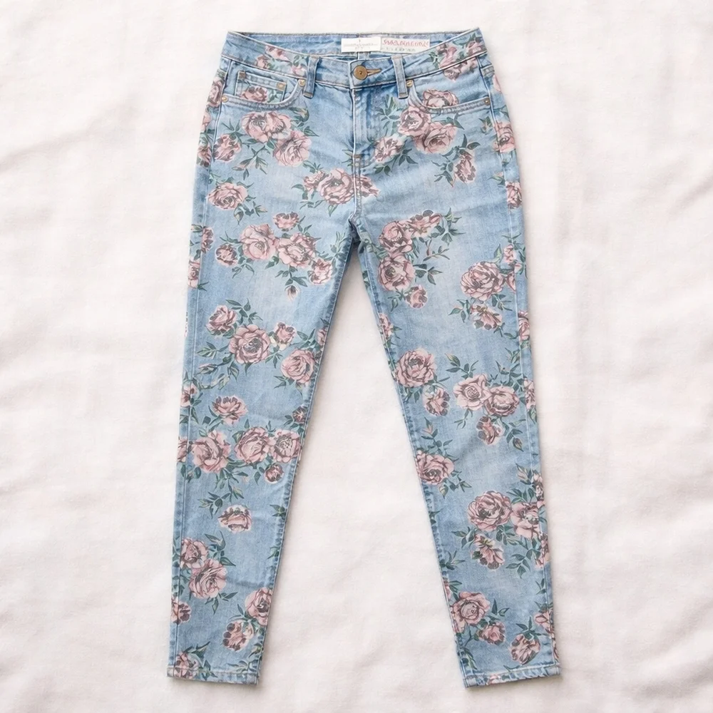 Vintage America Floral Skinny Jeans Rose Print Denim Women 10 Cottagecore Spring - Picture 1 of 11
